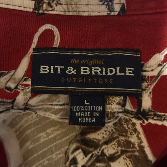 Bit & Bridle Red Cream Short Sleeve Cowboy Spurs Saddle Button Down Shirt Size L - Picture 3 of 5
